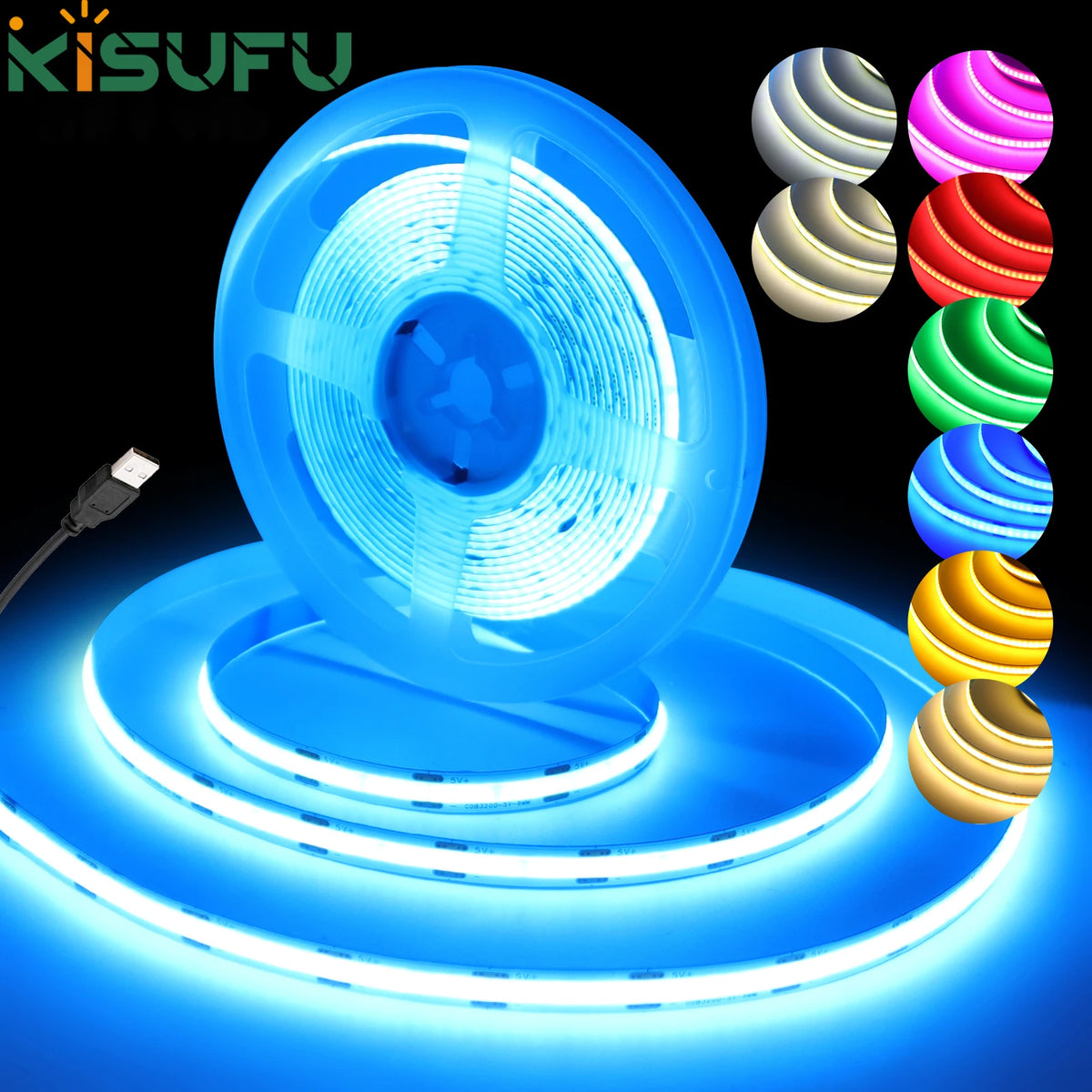 New USB COB Strip Light 5V 320Leds/m Blue/White/Red/Green Fl