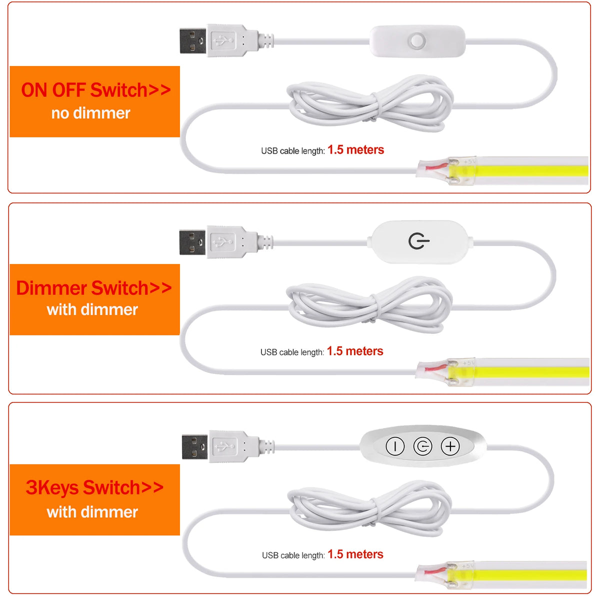 Dimmable COB LED Strip Light 5V USB Flexible LED Tape with S