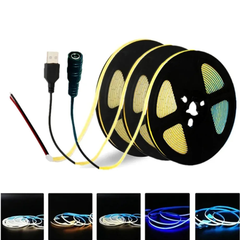 LED Strip DC 5V/12V USB COB 5mm 400Leds/M Flexible Ribbon Ro
