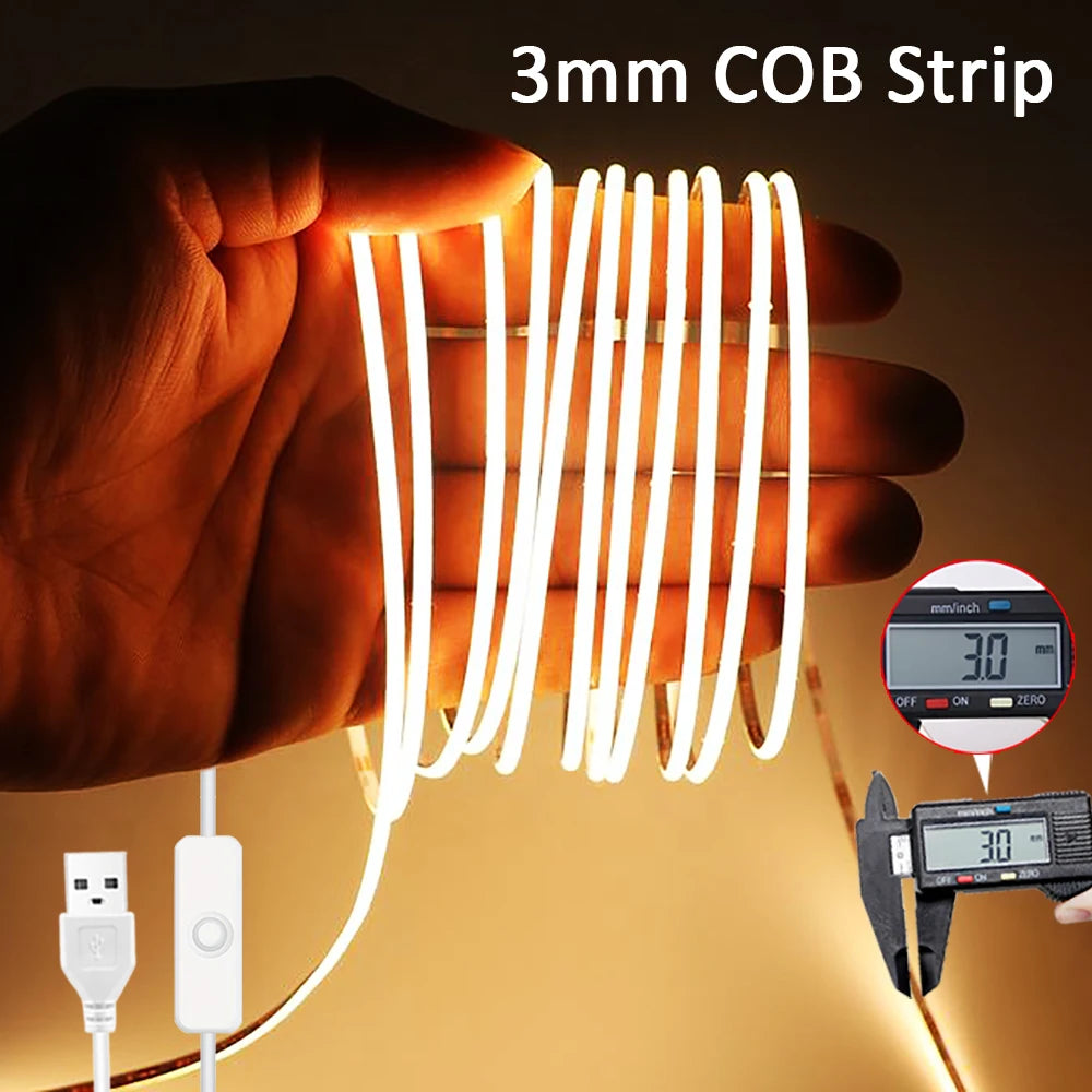 3mm Ultra Thin Led COB Strip USB 5V Flexible Led Strip Light