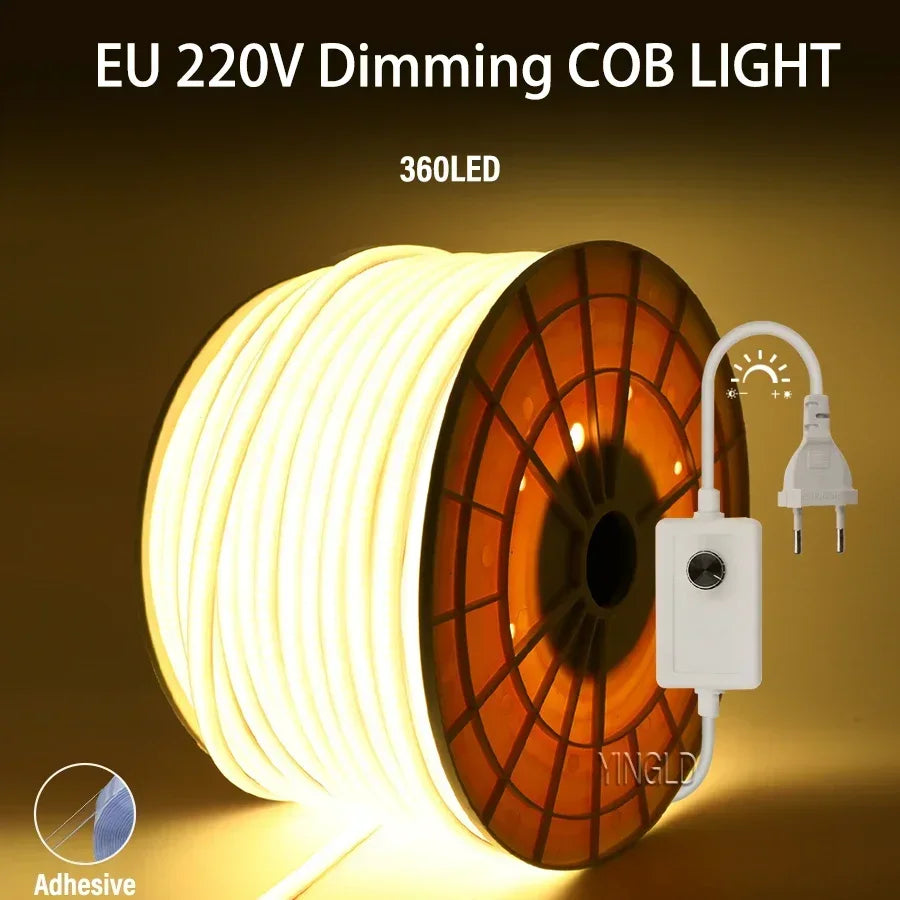 High Bright 220V COB LED Strip Light 110V Switch/Dimmable RA90 Flexible Neon Tape Kitchen Cabinet Lighting Waterproof Garden