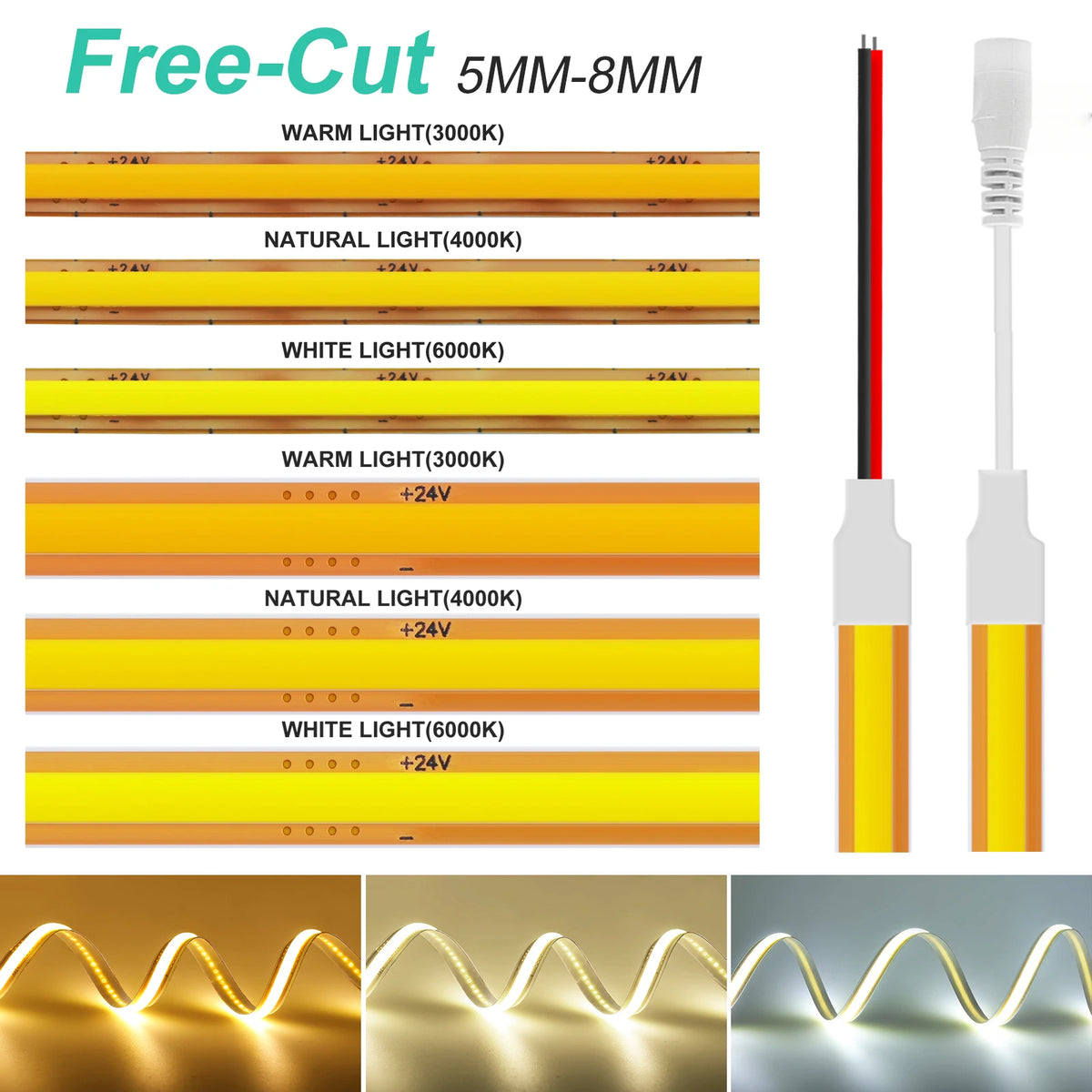 5mm 8mm PCB COB LED Light Strip Free Cut 12V 24V With 2PIN W