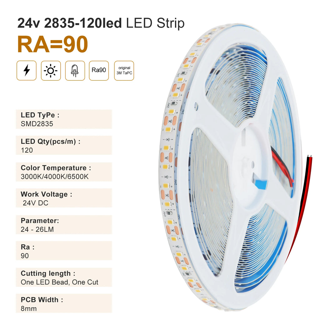 5M 10M LED Strip Light DC12V 24V 2835 One LED Cut Flexible D