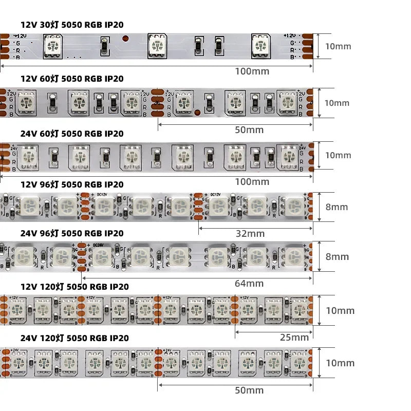 5M RGB 5050 LED Strip Lights DC 12V 24V 30/60/96/120leds Fle