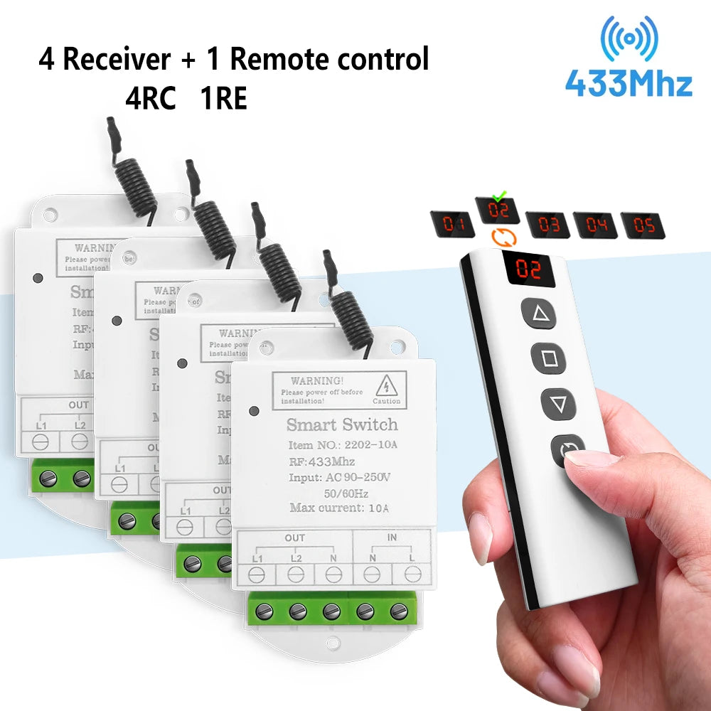 433mhz Wireless Remote Control Switch 220V 2CH Relay Receiver and Controller for Led Roller Blinds Shutters Projector Screen