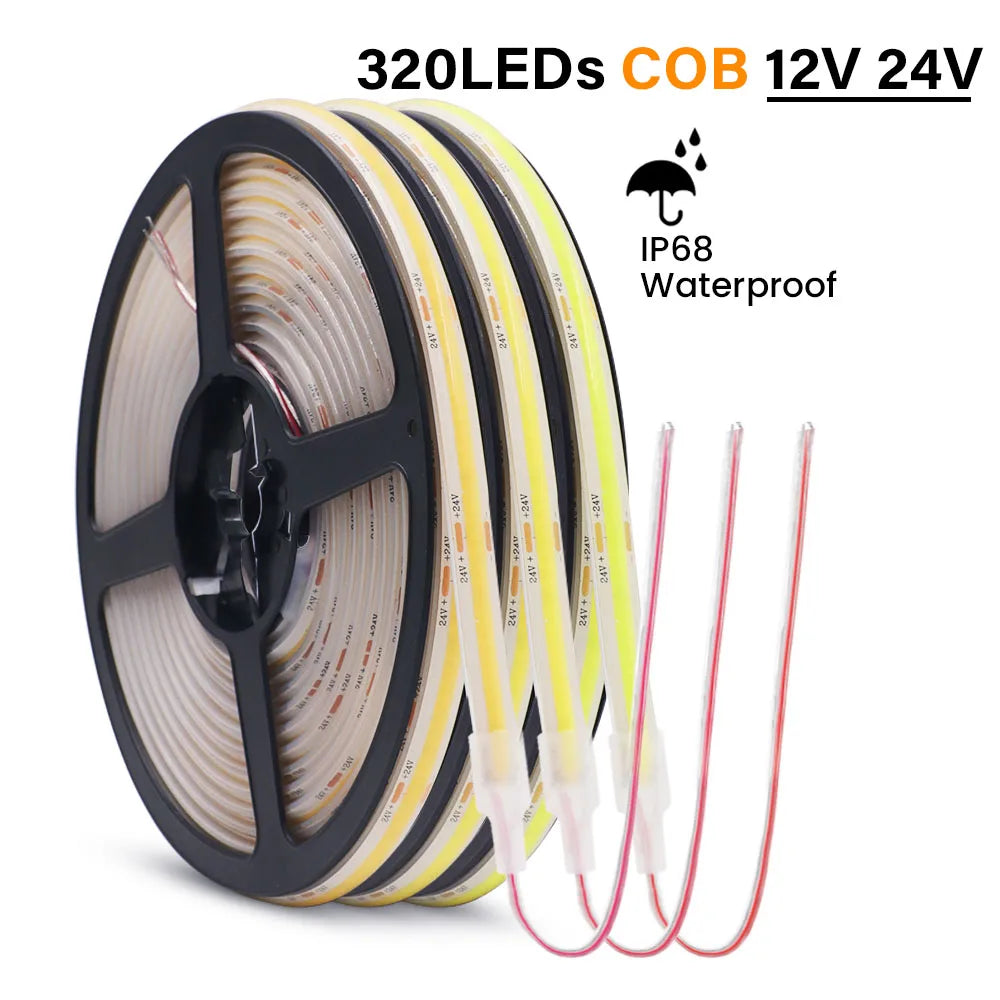 1-20M IP68 Waterproof COB LED Strip 12V 24V 320LEDs/M RA90 F