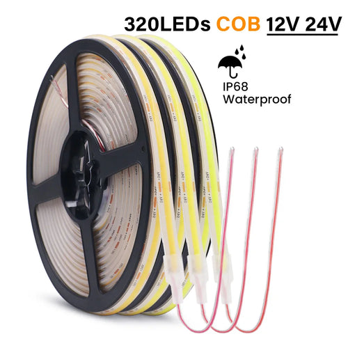 1-20M IP68 Waterproof COB LED Strip 12V 24V 320LEDs/M RA90 F