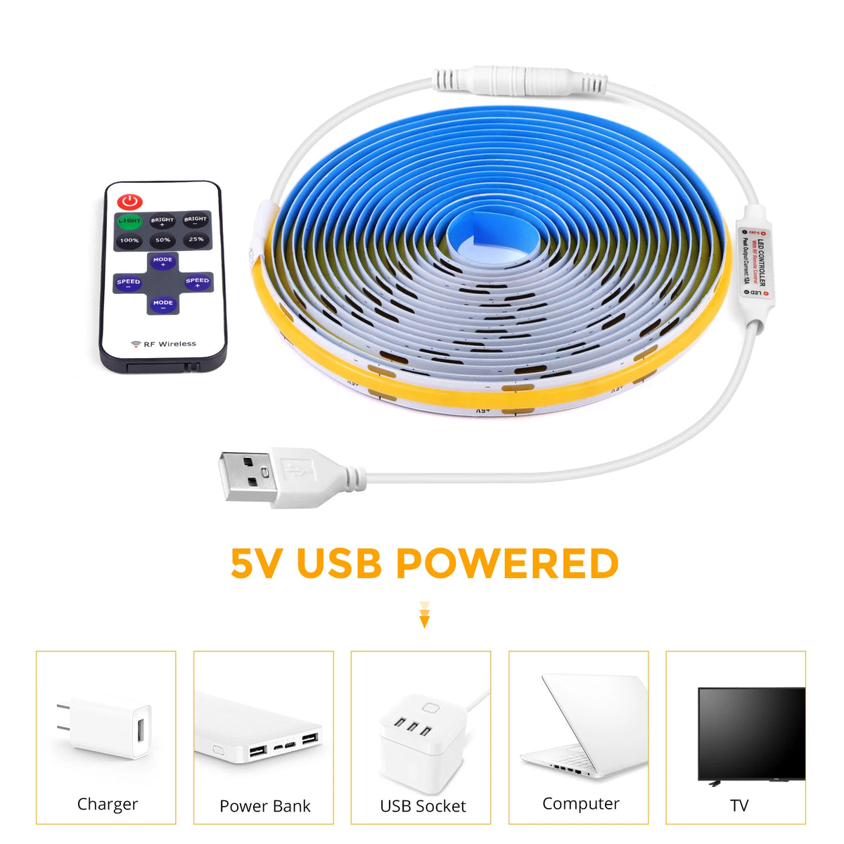 DC5V COB LED Strip with Dimmable Remote Control 2/3/5M White