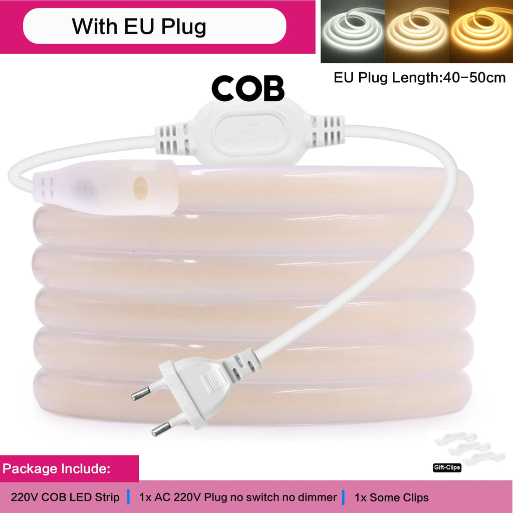 1-50M 220V COB LED Neon Strip Light IP67 Waterproof With Switch/Dimmer EU Plug White Natual Warm Flexible Ribbon Tape Room Decor