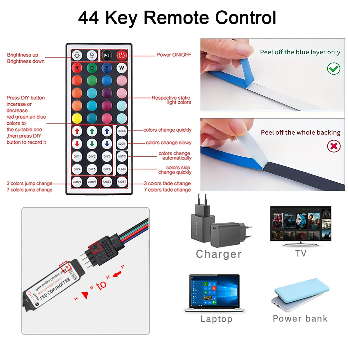 Led Strip Lights with 44 Key Remote Control 1m 5m 10m 20m RG