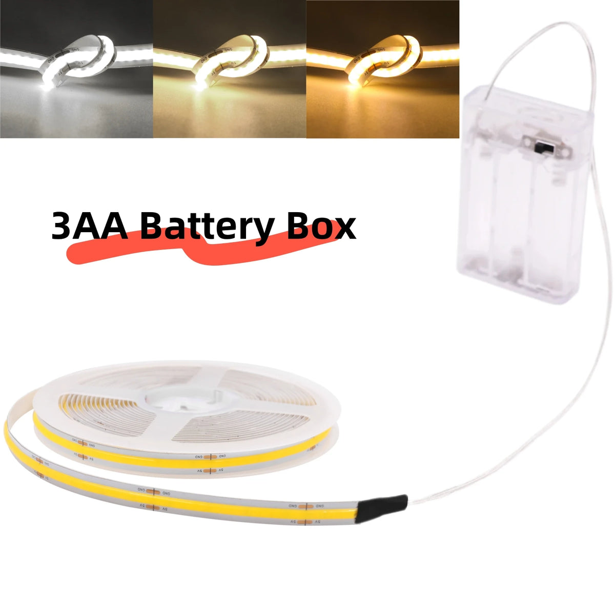 3AA Battery Box COB LED Strip 5V 8MM 320LEDs/m Warm Natural 