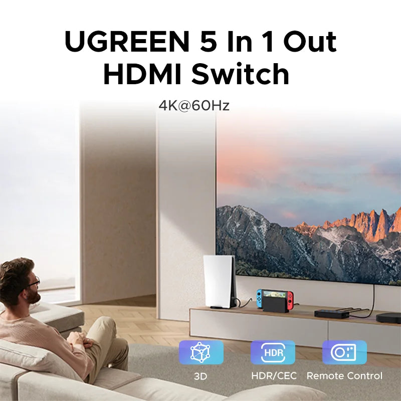 UGREEN HDMI Switch 5 in 1 Out 4K 60Hz HDMI Switcher with Rem