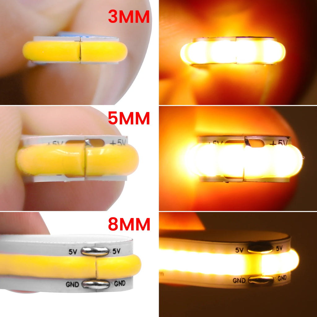 USB Dimmable COB LED Strip Light 3MM 5MM 8MM RA90 High Densi