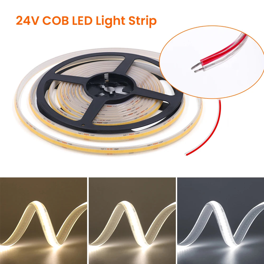 1-20M IP68 Waterproof COB LED Strip 12V 24V 320LEDs/M RA90 F