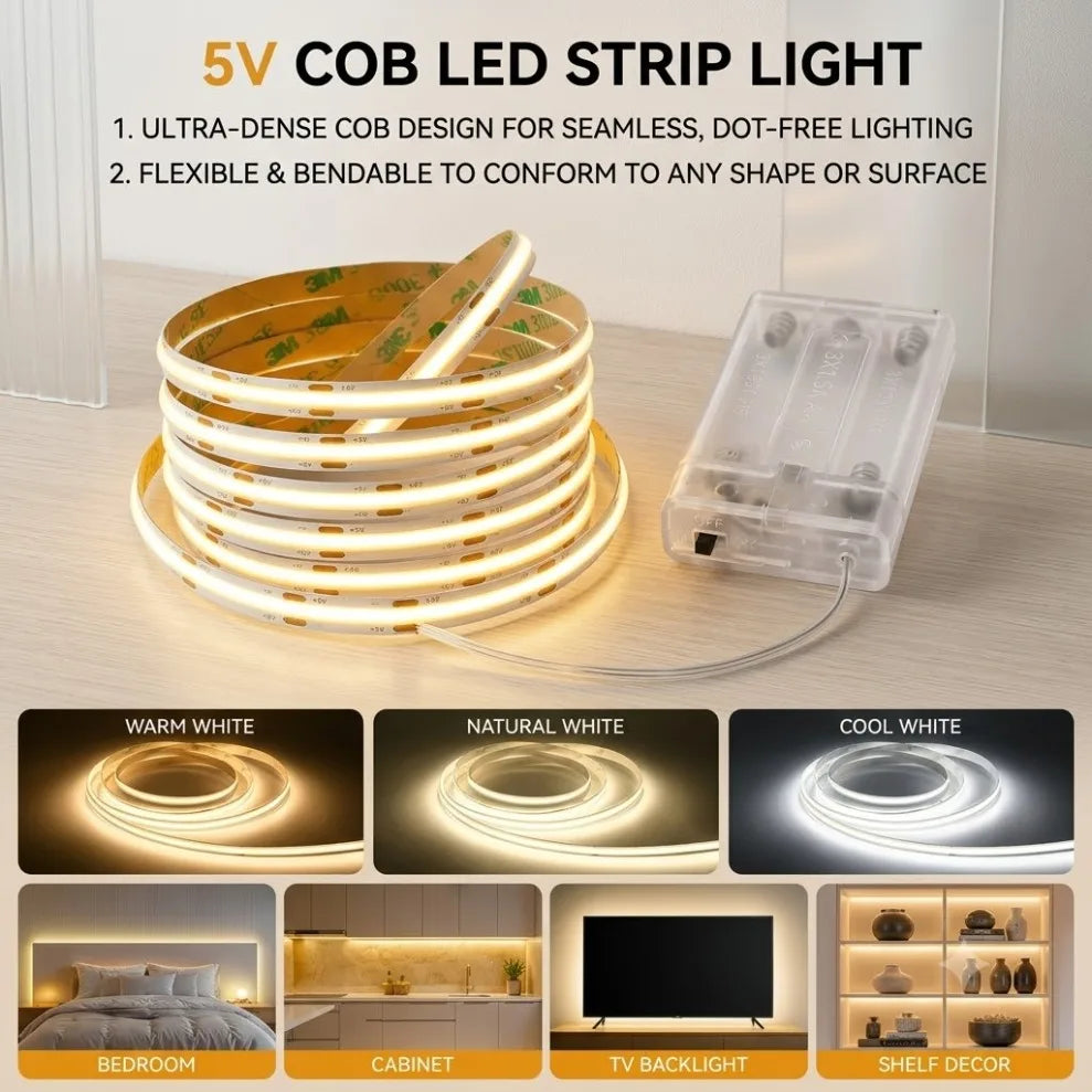 8mm PCB COB LED Strip DC5V 3AA Battery Powered 320LEDs/M War