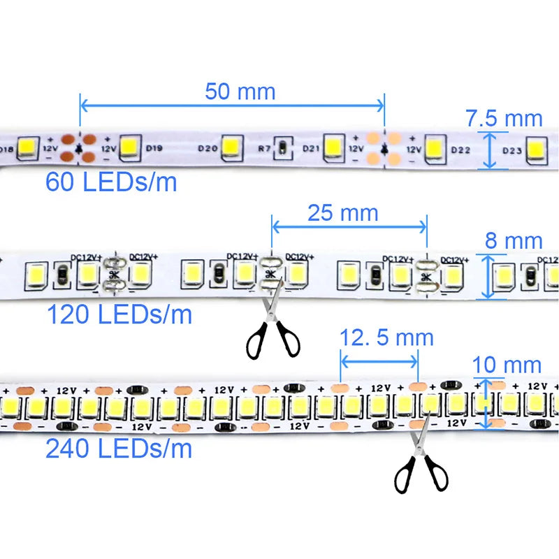 2835 5M 300 600 1200LEDs LED Strip DC12V 24V 120LEDs/m Home 