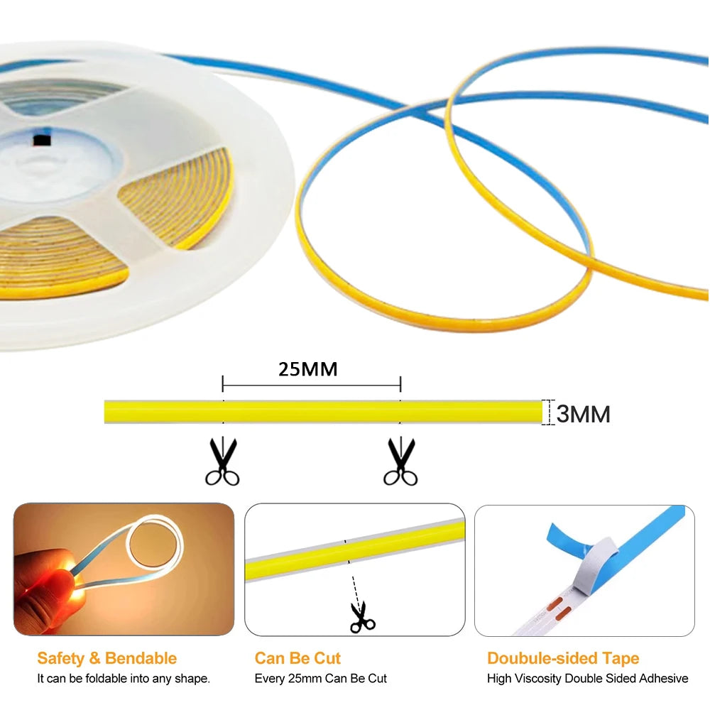 3mm Ultra Thin Led COB Strip USB 5V Flexible Led Strip Light