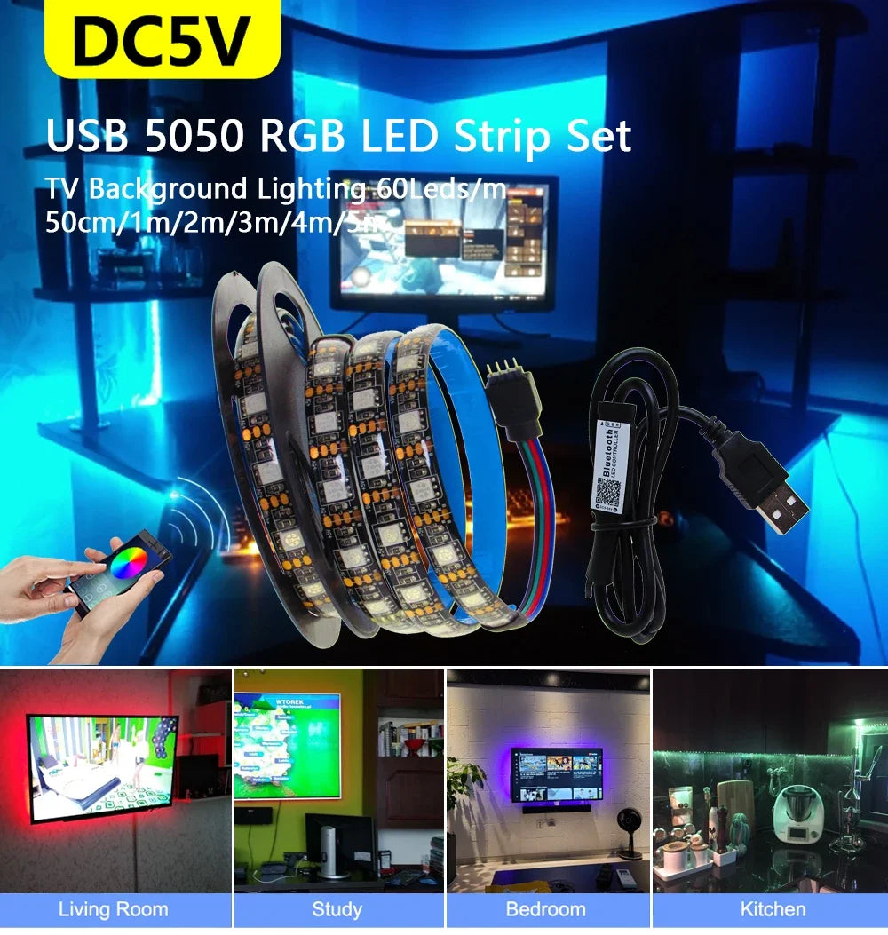 USB LED Strip Light 5V RGB Waterproof Black PCB 5050 0.5m 1m