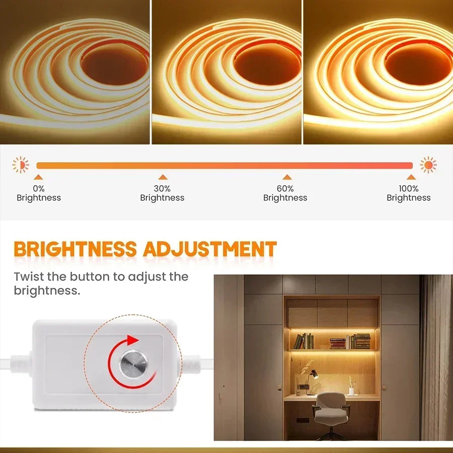 220V COB LED Strip Light High Bright Switch/Dimmable US 110V