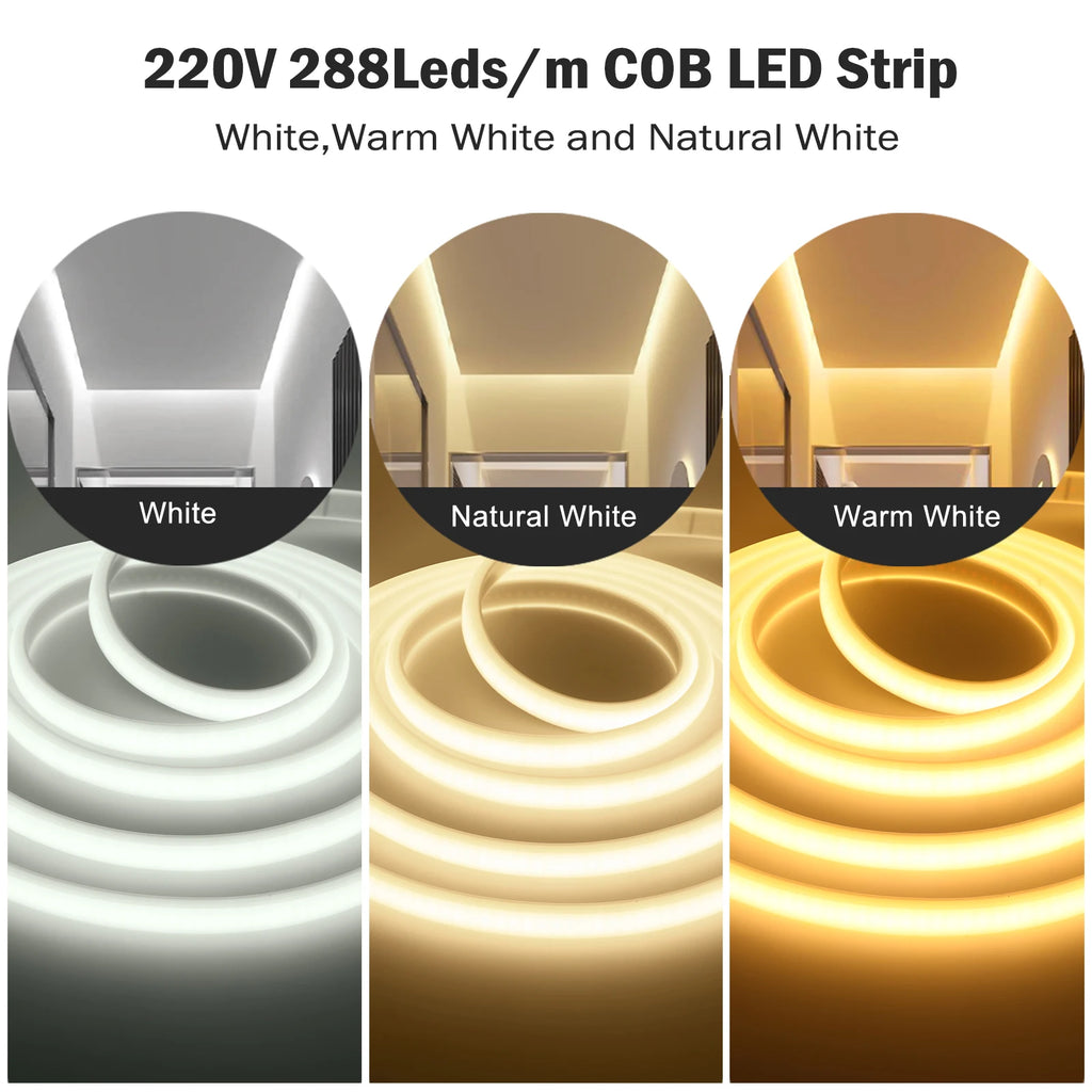 1-50M 220V COB LED Neon Strip Light IP67 Waterproof With Swi
