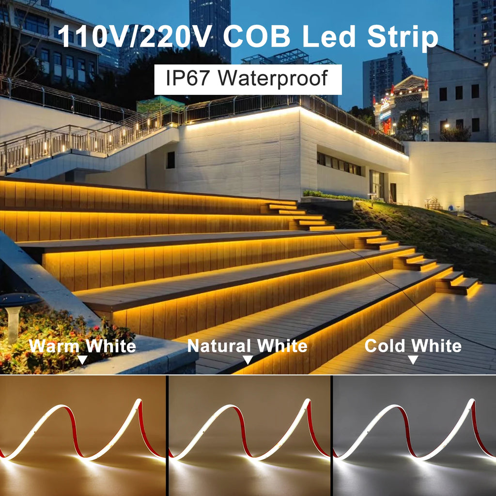 AC 220V IP67 Waterproof COB LED Strip Light Dimmable 5M 10M 