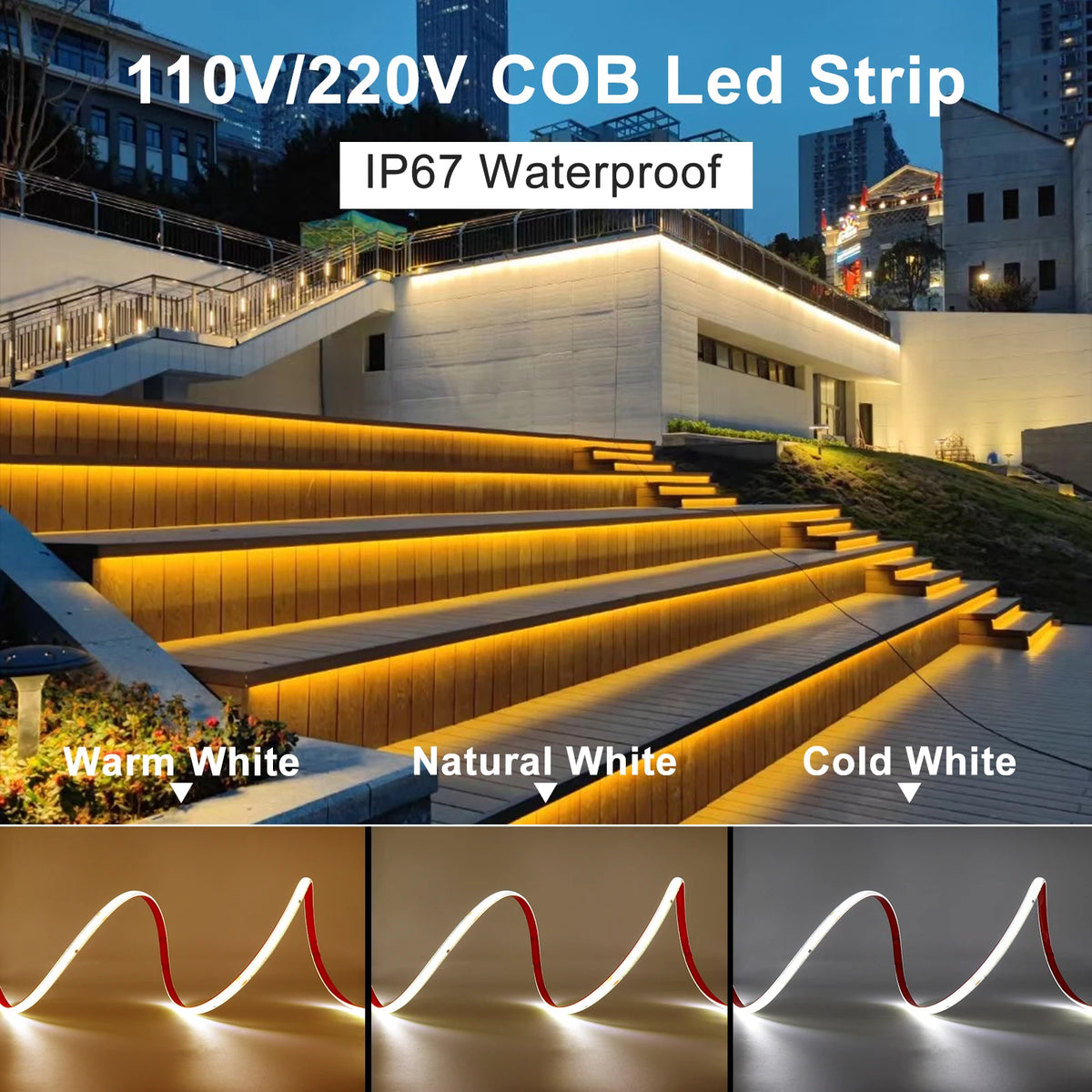 AC 220V IP67 Waterproof COB LED Strip Light Dimmable 5M 10M 