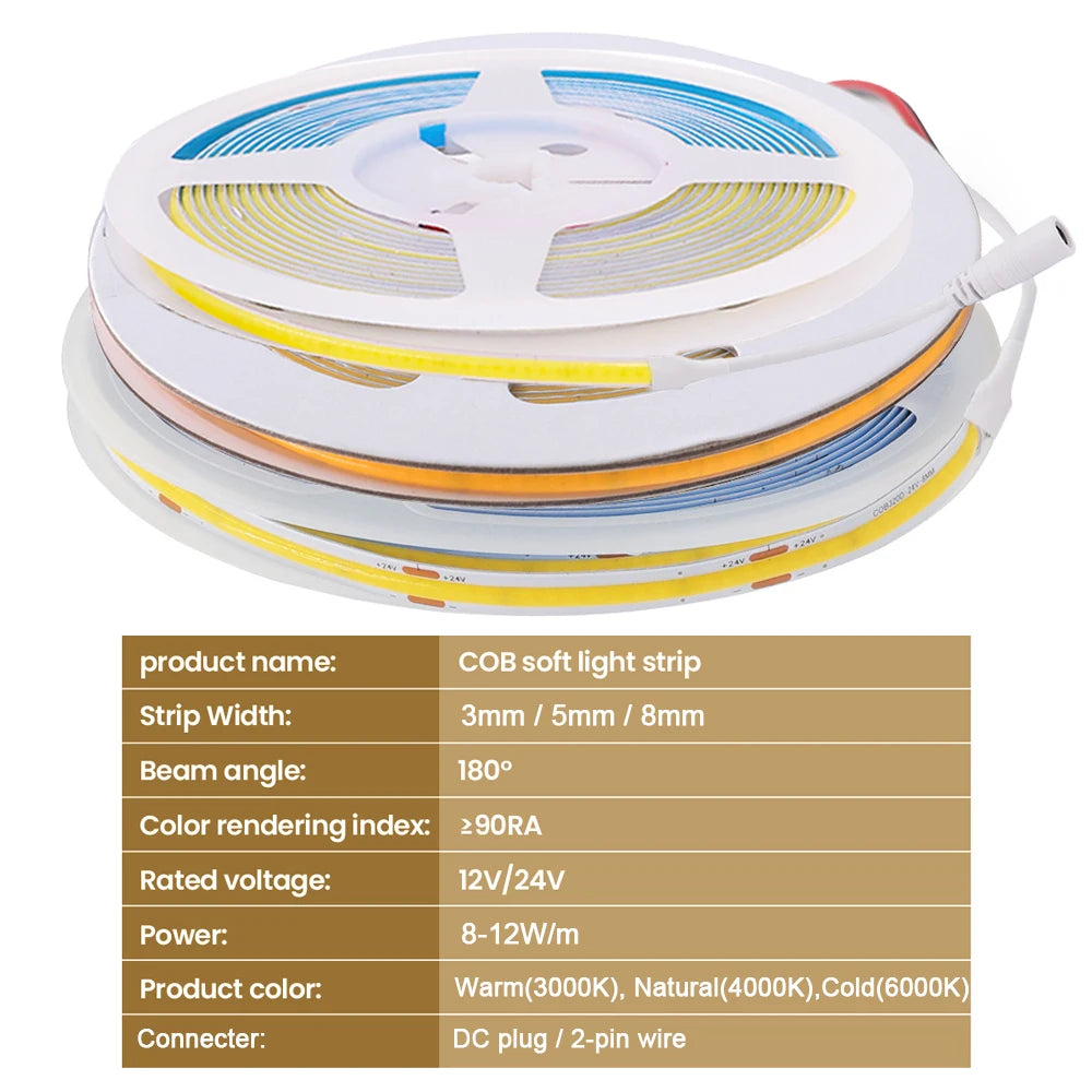 3mm 5mm PCB COB LED Strip Ultra Thin 12V 24V 8MM Tape Light 
