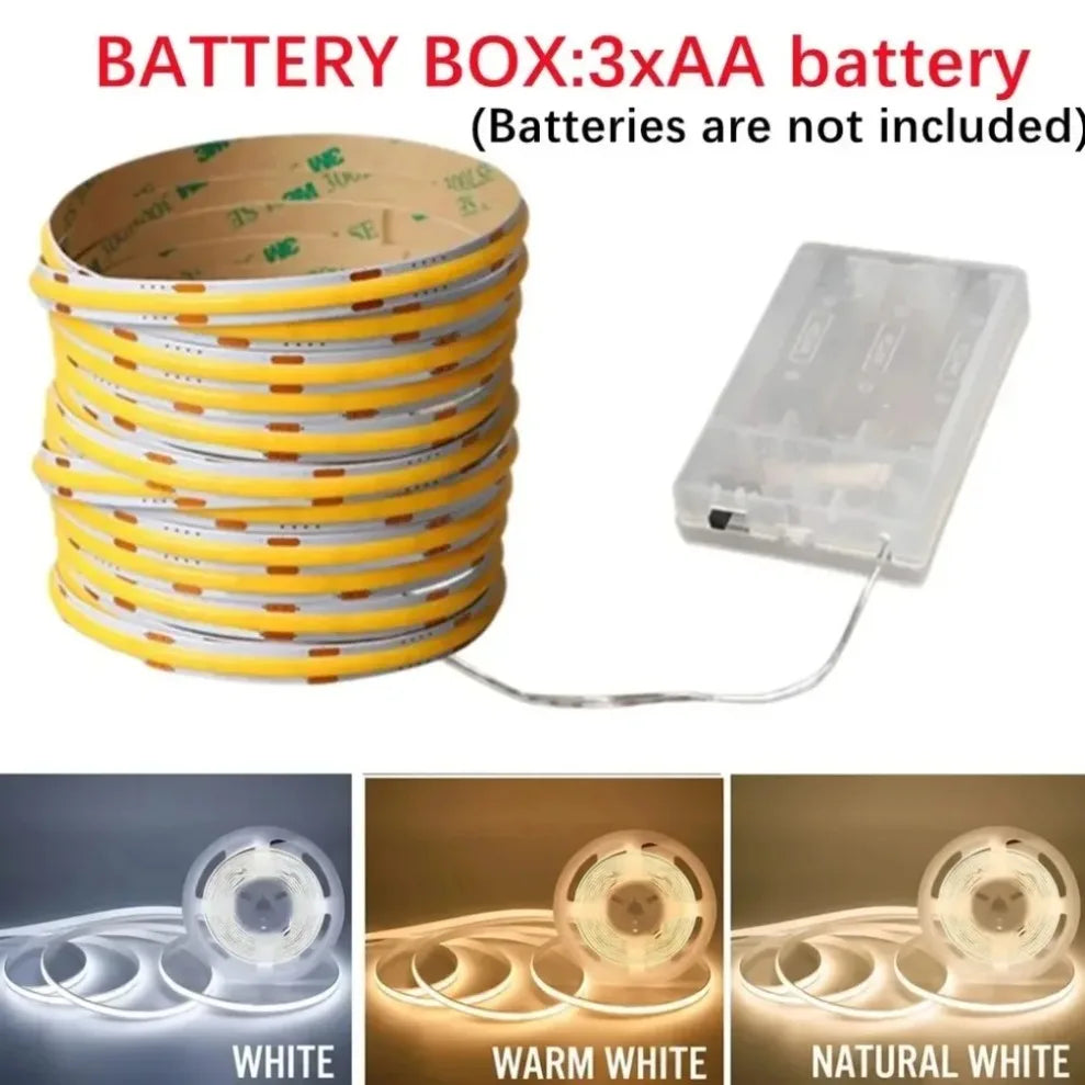 8mm PCB COB LED Strip DC5V 3AA Battery Powered 320LEDs/M War