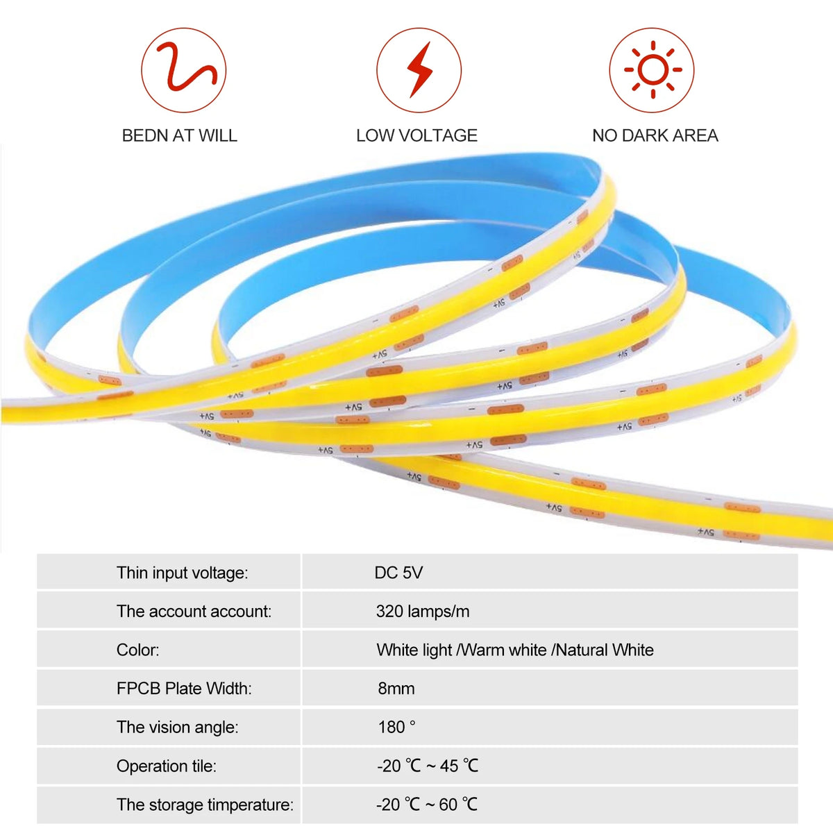 5V USB COB LED Strip with 2Pin Wire DC Plug 320leds/m Linear