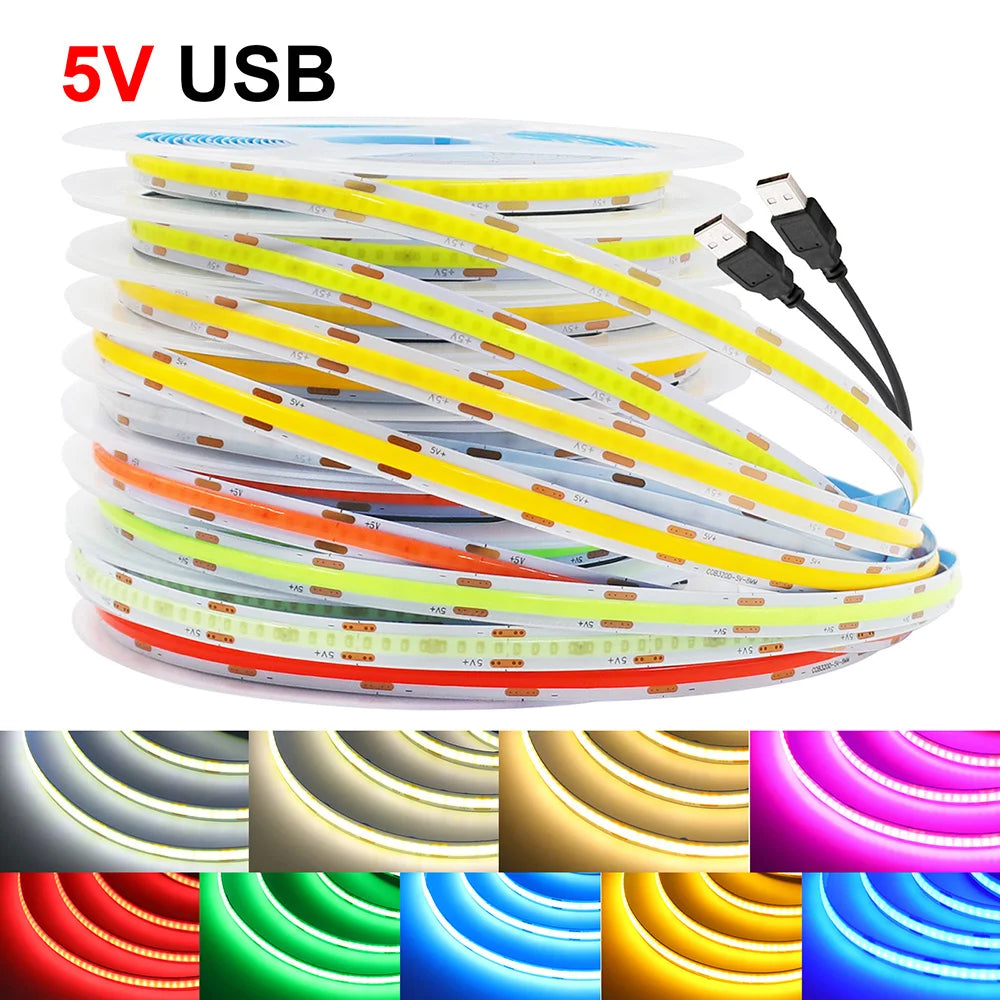 5V USB COB LED Strip Light Tape White Red Green Pink Ice Blu