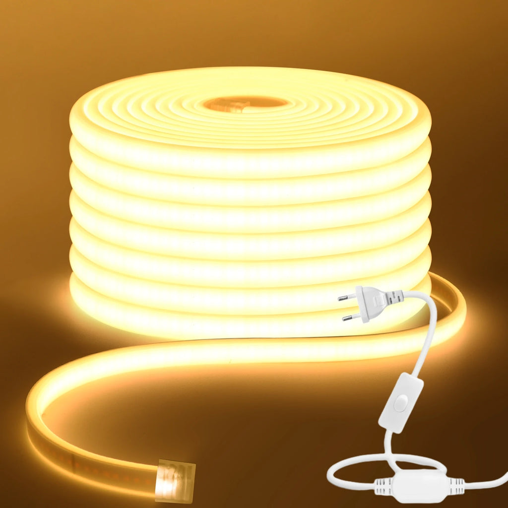 COB LED Strip Light With EU Switch/Dimmer Plug 220V 230V 240V Waterproof IP65 Tape Kitchen Cabinet Lamp 3000K 4000K 6000K Ribbon