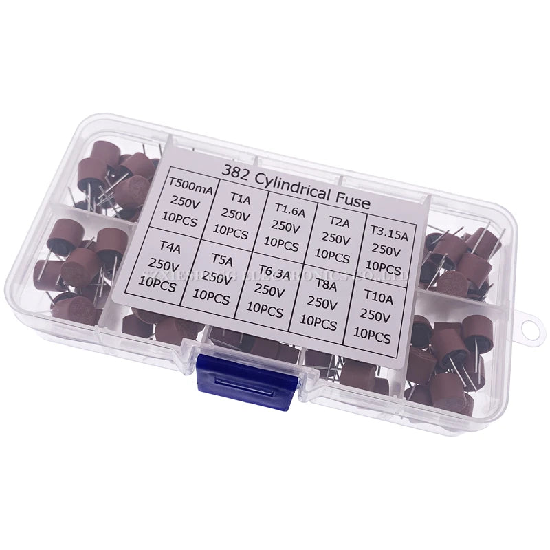 100PCS 382 Cylindrical Plastic Fuse Assortment Kit T500mA-T1