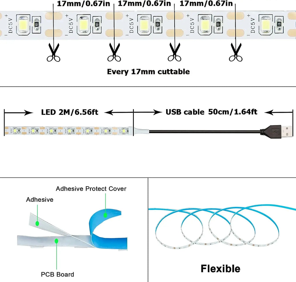 DC 5V USB LED Strip Lights - 2835 SMD Warm White/White Flexi