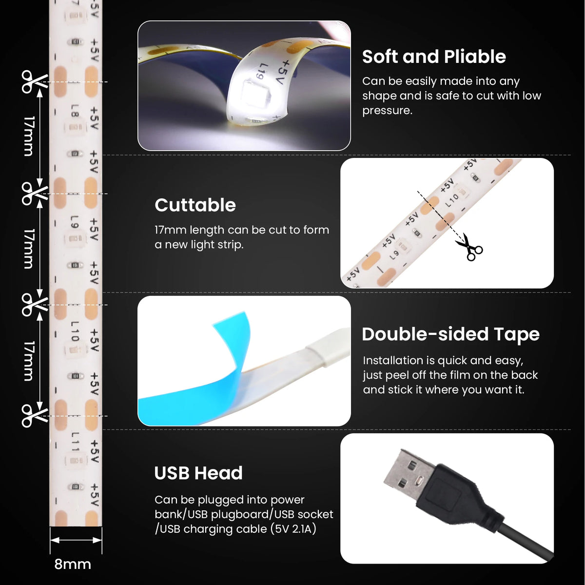 5V USB LED Strip Light with Adhesive Tape 2835 60LEDs Flexib
