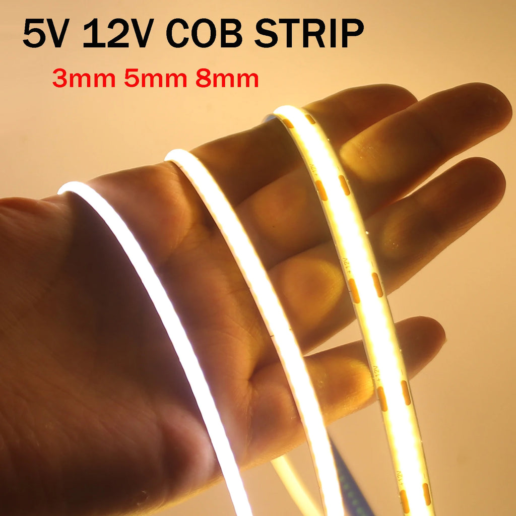 DC5V USB COB LED Strip 3mm 5mm 8mm Width 12V 320LEDs Flexibl