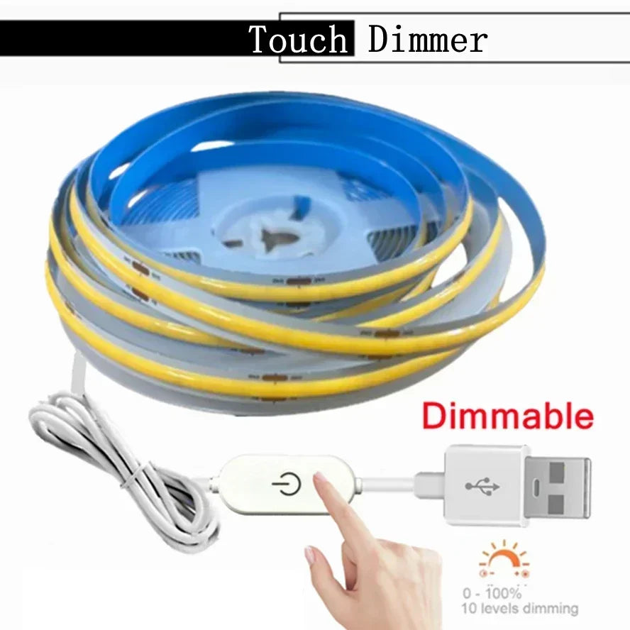 1-5M 320LEDs/M USB LED Strip Light 5V COB Touch Sensor Dimmable Lamp Tape DIY Mirror Backlight TV Kitchen Room Night Lighting
