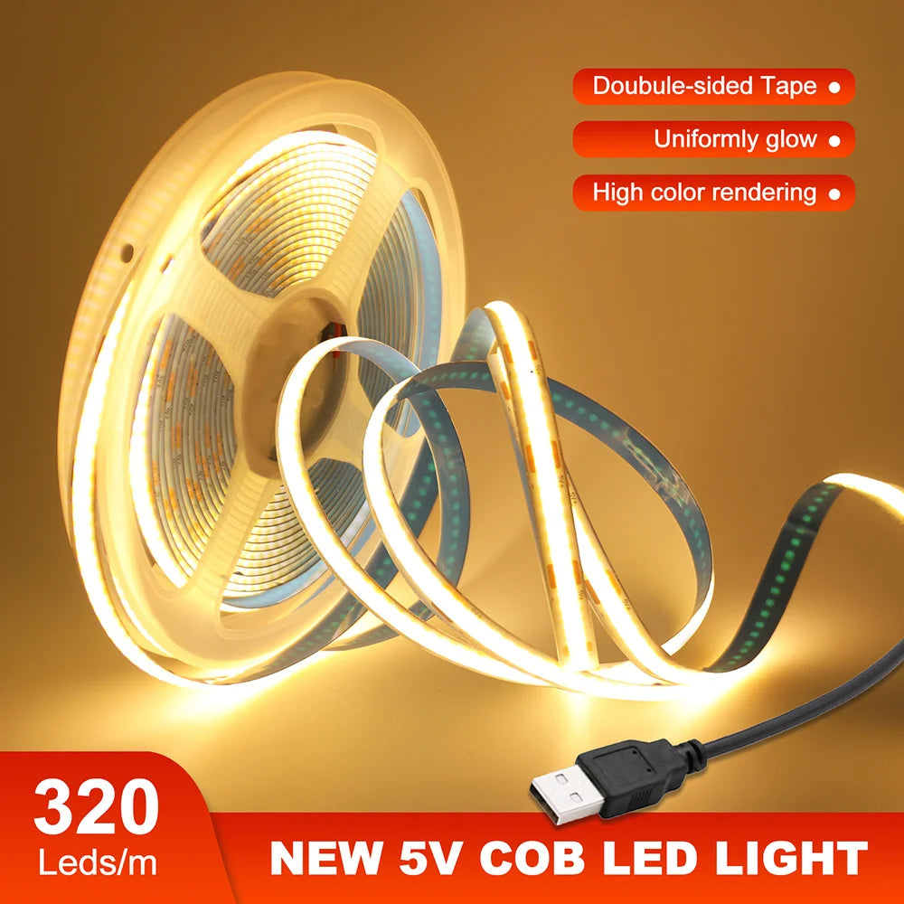 5V USB COB LED Strip Light Tape White Red Green Pink Ice Blu