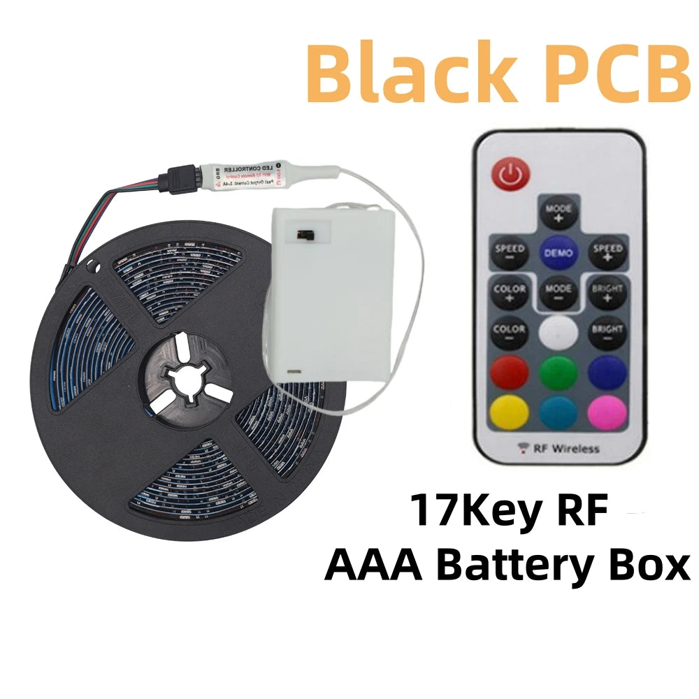 Battery Powed RGB LED Strip DC5V 5050 30LEDs/m IP21/IP65 With 3/17/24key IR RF Remote Ribbon Tape for TV Backlight Room Decor