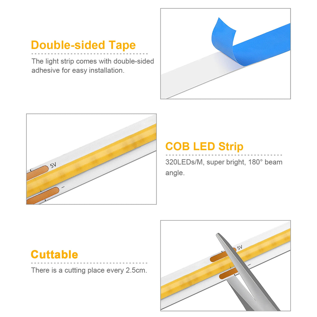 DC5V COB LED Strip with Dimmable Remote Control 2/3/5M White