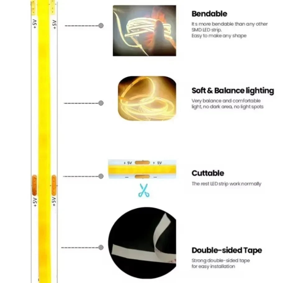 DC5V COB LED Light Strip With USB Power Supply Light 320LED/