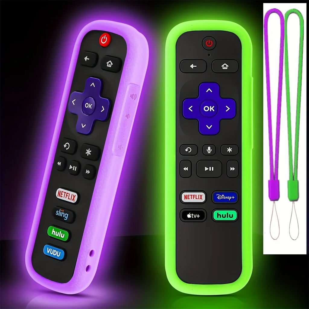 2pcs Glow-in-the-Dark Silicone Remote Cover for TCL Hisense and Roku TVs - Protects Your Remote and Includes Lanyard