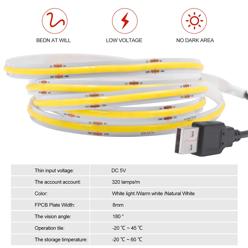 New 5V USB COB Strip Light 320Leds/m Warm Natural White Cabi