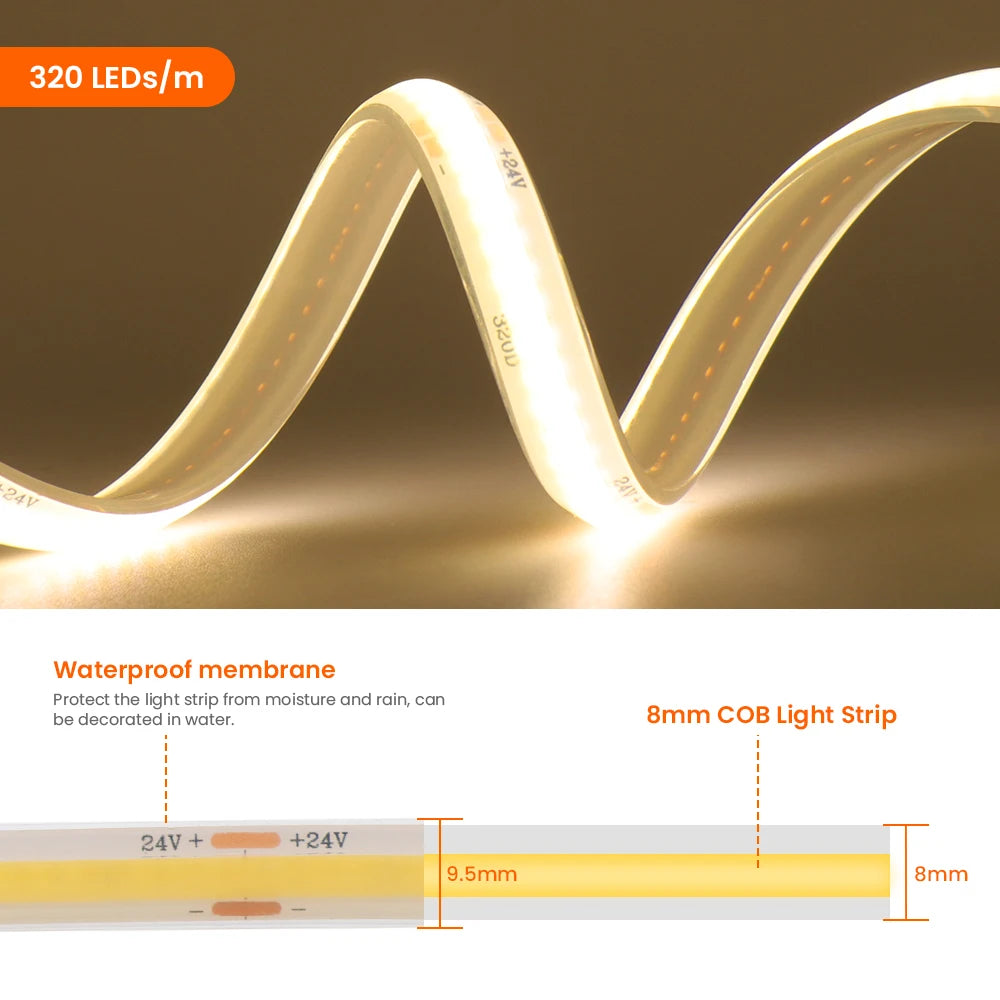 1-20M IP68 Waterproof COB LED Strip 12V 24V 320LEDs/M RA90 F