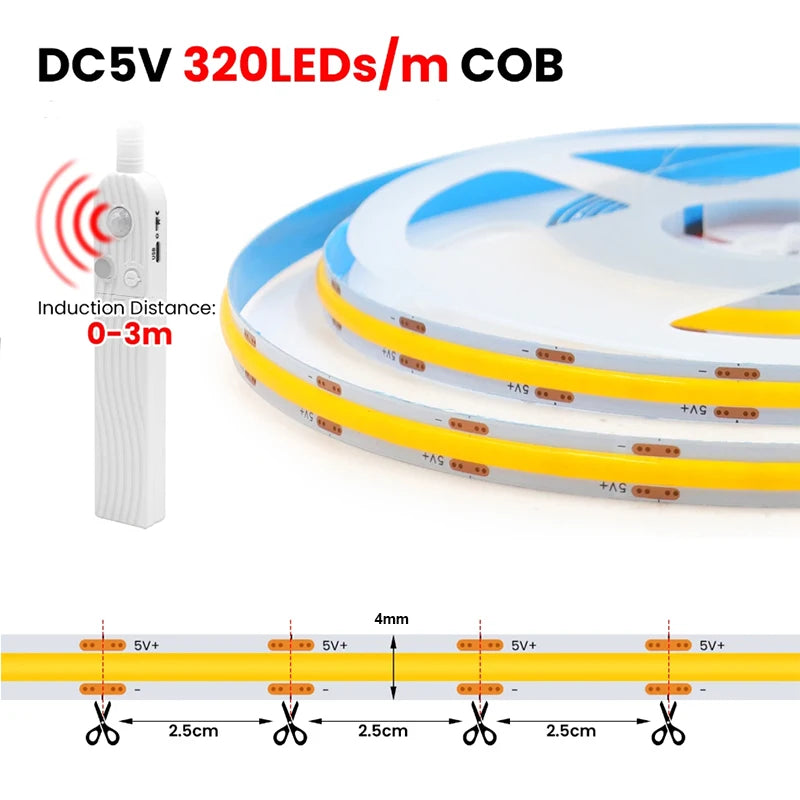 COB LED Strip Light 5V 320LEDs/m PIR Motion Sensor Flexible 
