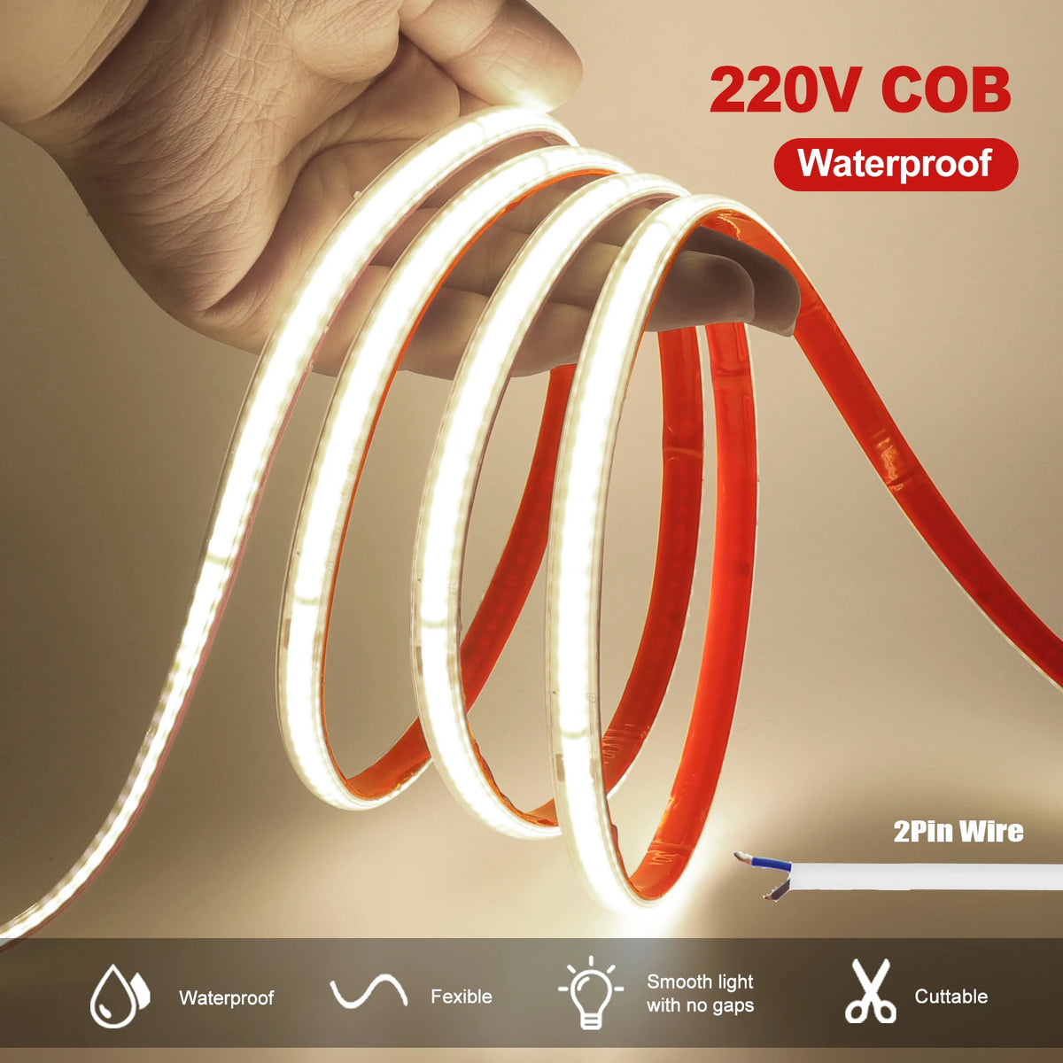 AC 220V COB Strip 240Leds/M IP65 Waterproof 3000K 4000K 6000K Flexible Ribbon Rope LED Light 10CM Cut Self Adhesive Diode Tape