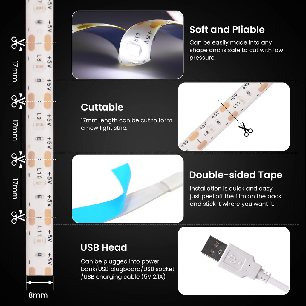 5V LED Strip Light with USB OFF/ON Switch SMD2835 60LEDs/m W