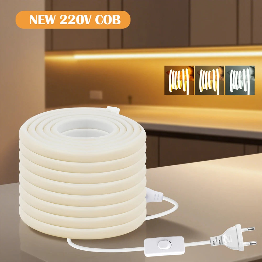 220V Dimmable COB LED Neon Strip Light With Switch/Dimmer EU