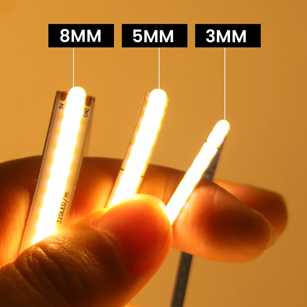 DC 5V COB LED Strip 3mm 5mm 8mm 320LEDs/M High Density Flexi