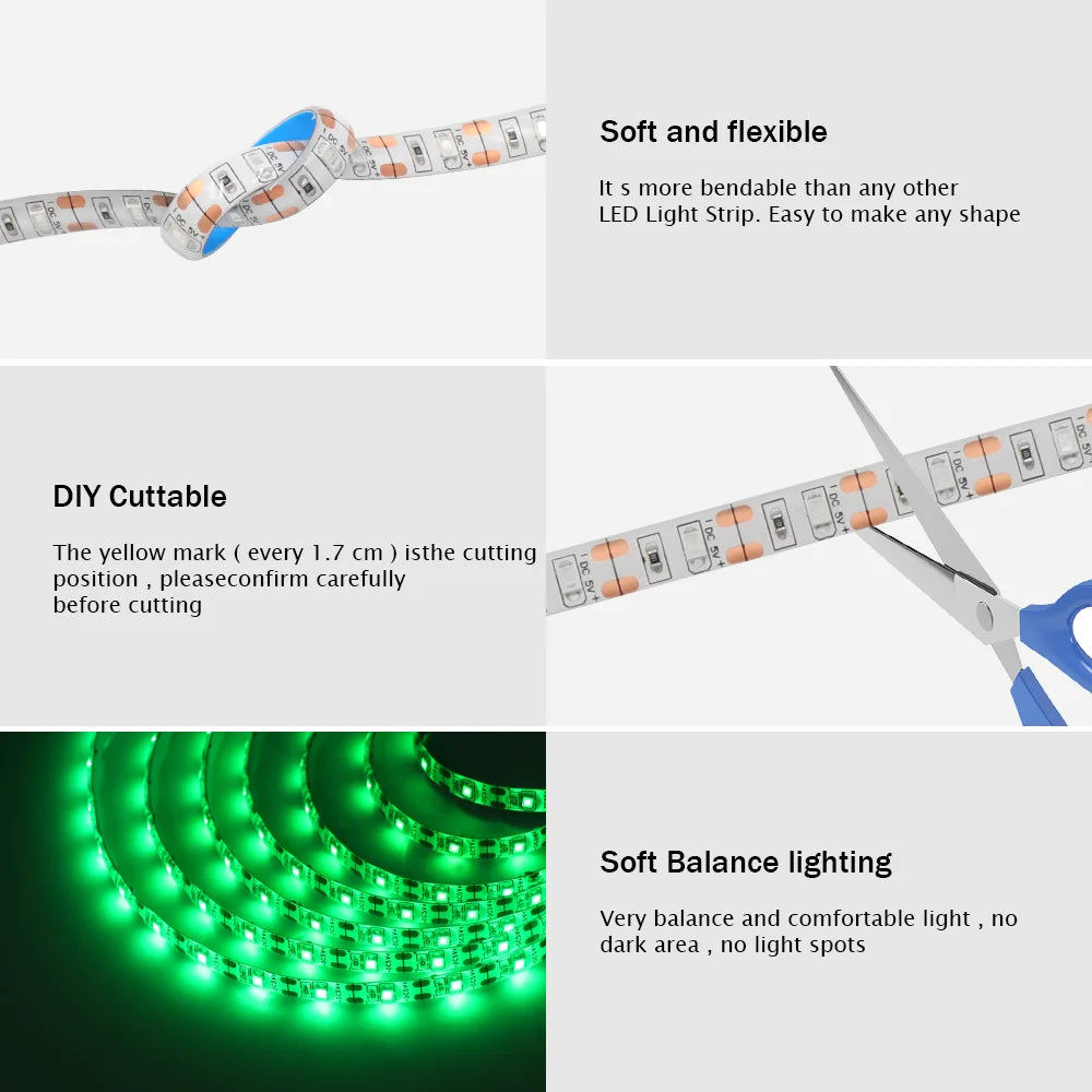 5V USB LED Strip 2835 60LEDs/m Diode Tape Waterproof Flexibl