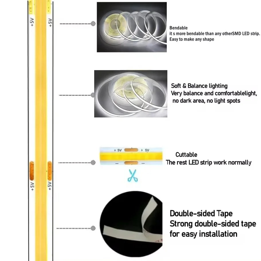 USB COB Lamp Strip DC5V 320LEDs/M White/Red/Pink/Ice Blue/Ye
